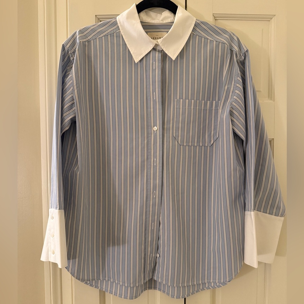 Sezane Bilma Shirt, blue white fine strips, size 2